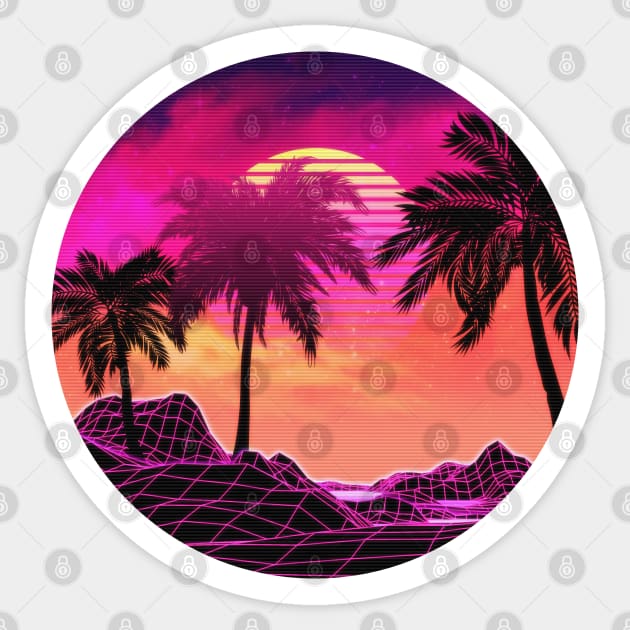 Pink vaporwave landscape with rocks and palms Sticker by AnnArtshock